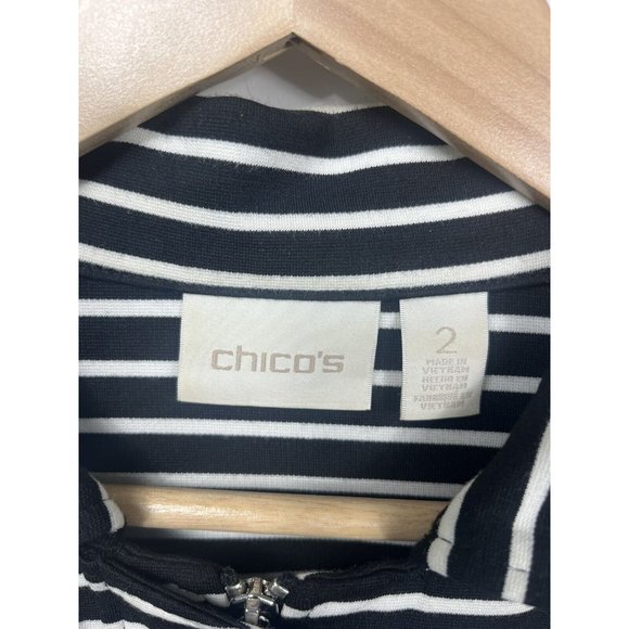 Chicos Sweatshirt Jacket Womens Size 2 Black White Stripe Zip Up Belt Collar L - Picture 4 of 10
